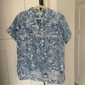 Carven Collar Button Blue White Floral Short Sleeve Top